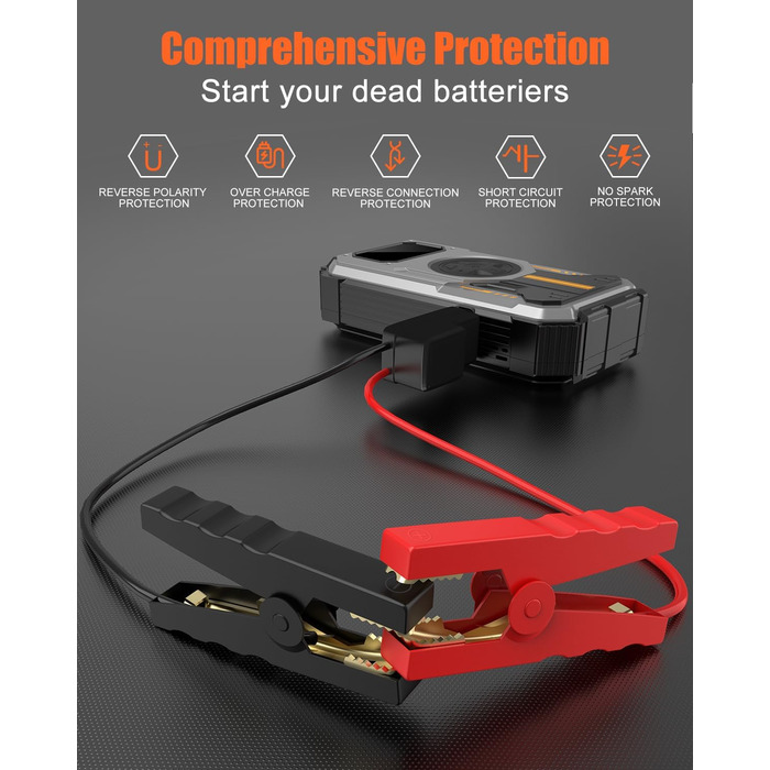 Powerbank для автомобіля Starthilfe: 6000A, 12V, компресор 150 PSI, LED, LCD, для бензинових та дизельних двигунів (до 7.5L/6L), сріблястий