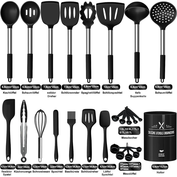 Набір кухонних помічників, 26 предметів: силіконове кухонне приладдя, посуд, стійкий до нагрівання, з тримачем, антипригарний, з нержавіючою ручкою, придатний для миття в посудомийній машині (чорний)