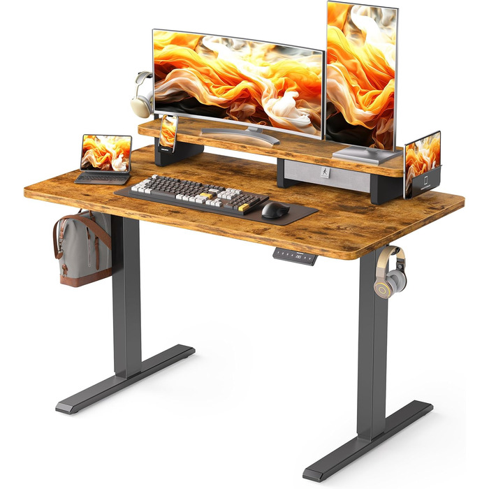 Електричний регульований стіл WALKINGDESK 100x60 см з ящиками, підставка для монітора та тримач для телефону. Для дому та офісу. Колір: рустикальний коричневий