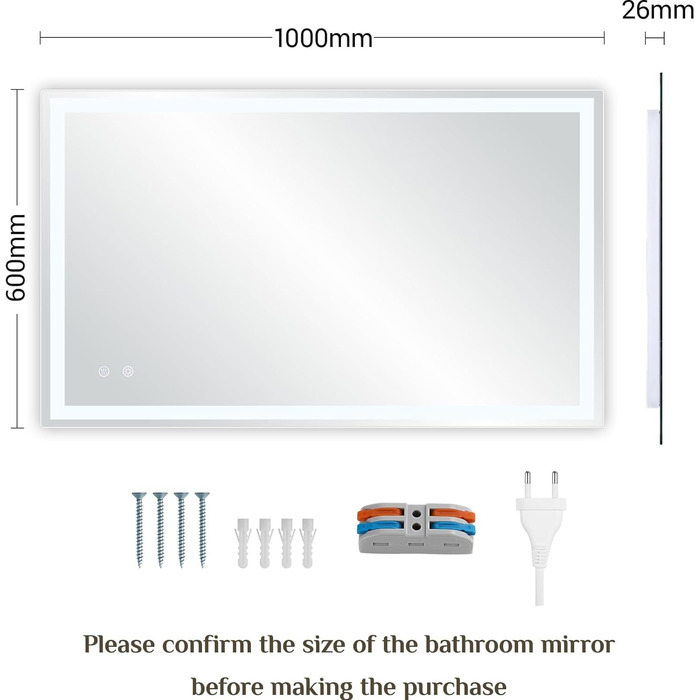 Дзеркало для ванної кімнати з підсвічуванням 80x60 см, LED дзеркало з 3 кольорами світла, регулюванням яскравості, захисне скло, сенсорне управління, функція пам'яті, запобігання запотіванню, для ванної кімнати