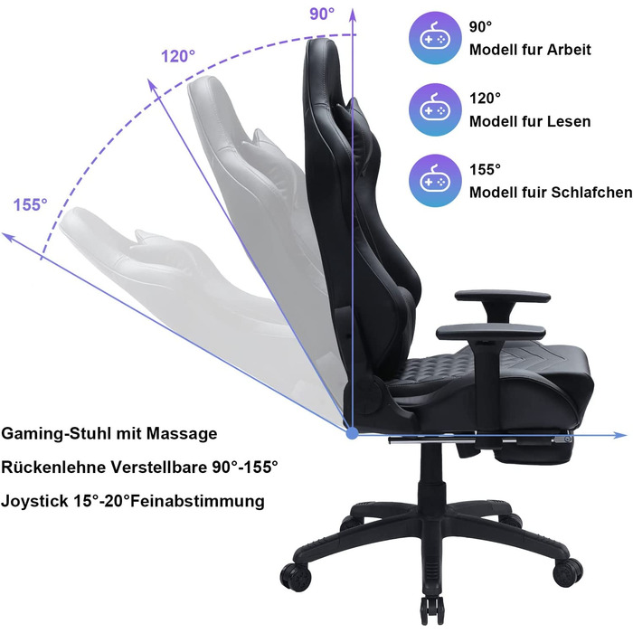 Ігрове крісло з підставками для ніг, крісло для геймера, масажне ігрове крісло, ергономічне комп'ютерне крісло, ігрове крісло для ПК, крісло для азартних ігор з регульованою висотою, обертове крісло, робочий стіл, стілець, потовщена подушка для сидіння, 3