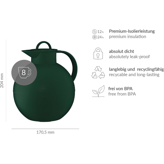 Термос Alfi Kugel 0.94л Smoke Pine Green: дизайнерський термос з нержавіючої сталі, BPA-free