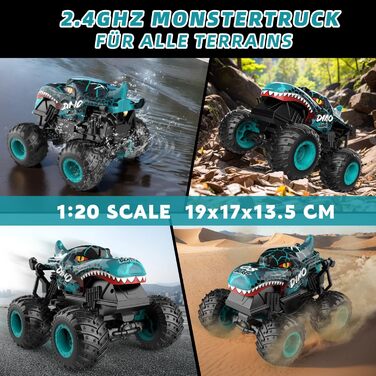 RC Monstertruck 1:20 2.4GHz Динозавр – Радіокерований позашляховик, 20 км/год, LED, Музика, для хлопчиків та дівчаток від 3 років, Зелений