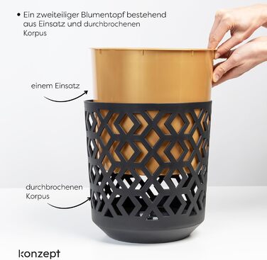 Квітчанка KONZEPT 30 см, 12 л, пластик, для дому та балкону, чорно-золота
