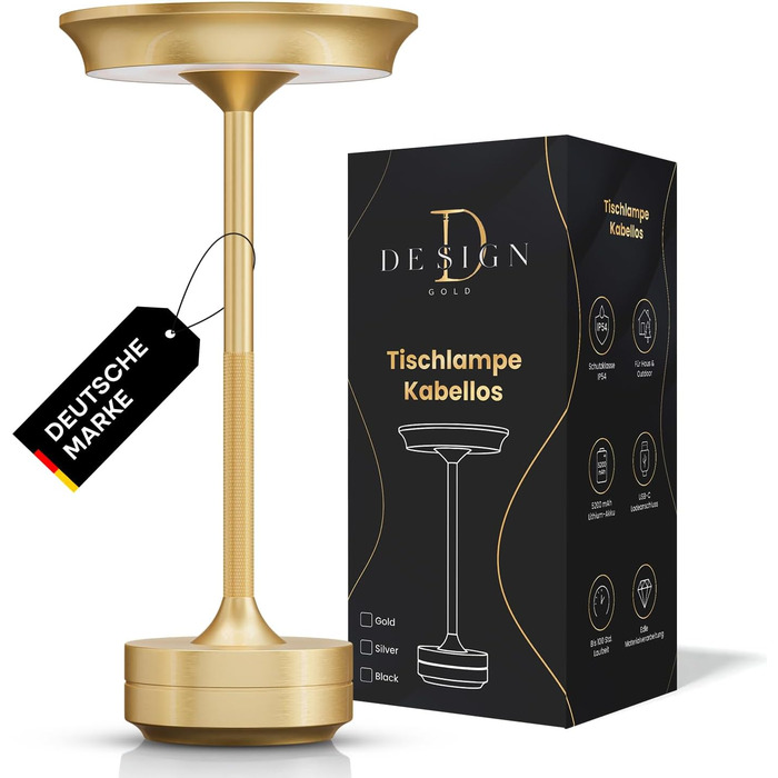 LED настільна лампа Designgold бездротова з акумулятором - стильний дизайн, 3 кольори світла, диммування, для дому та на вулицю, зарядка USB-C (Золота)