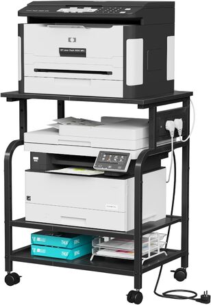 Трирівневий стіл для принтера з розеткою та USB-портами, регульовані полиці, роликовий стійка для принтера для дому/офісу, 3D/лазерний принтер, термопрес (Чорний) Чорний 60 см