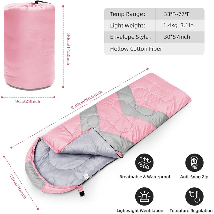 Спальний мішок Zusentee 3-4 сезони для кемпінгу на відкритому повітрі Теплий одномісний дорослий водонепроникний легкий ультралегкий спальний мішок для дорослих Діти Кемпінг Походи, Подорожі (рожево-сірий)