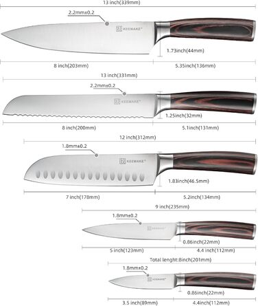 Набір кухонних ножів Keemake 7 предметів з дерев'яним блоком, професійний набір кухонних ножів з нержавіючої сталі та пластикової ручки