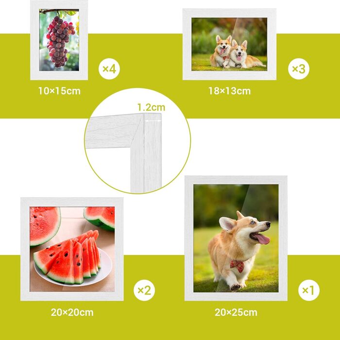 Набір фоторамок LIFERUN, набір з 10 фоторамок, рамка для фоторамок МДФ, різні розміри 20x25 см, 20x20 см, 13x18 см, 10x15 см, набір фоторамок для кількох картин для сім'ї (білий)