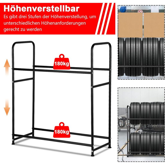 Стеляж для шин 107 x 46 x 117 см: міцна конструкція на 8 шин, регулювання висоти, вантажопідйомність 180 кг, з захисними чохлами, для гаража, підвалу, майстерні