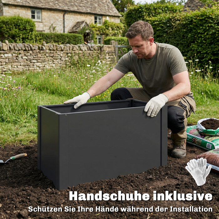 Підвищений грядка з відкритим дном, комплект з підсилюючими рейками та рукавичками, 102 x 52 x 55 см, Чорний