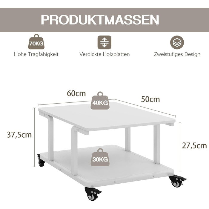 Стіл для принтера PUNCIA з 2 рівнями, мобільний, 60x50 см, білий. Підходить для принтера, сканера, копіювальника.