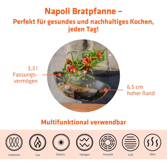 Пан з нержавіючої сталі Berndes Napoli 28 см – універсальна, антипригарна, з капсульним дном та кварцовим покриттям