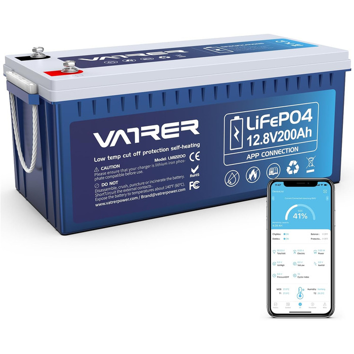 Літієва батарея VATRER POWER LiFePO4 12V 100AH з низькотемпературним відключенням і літієвою батареєю глибокого циклу 100A BMS 5000 1280 Вт для автофургонів, кемпінгу, човнів, сонячних домашніх систем (12V200Ah з самонагріванням)