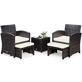 Садовий набір меблів GIANTEX 5 предметів ротанг: 2 крісла, 2 пуфи, столик - для балкона та саду з білими подушками