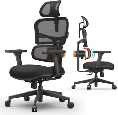 Офісне крісло Newtral NT001: ергономічне, регульована підголівник та підлокітники, 150 кг, чорний