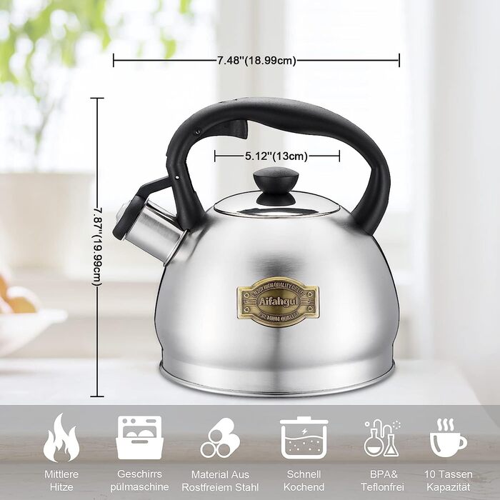 Чайник для води 2,2 л-індукційний і газовий чайник-силіконова ручка для захисту від опіків-Автоматичний відкривається чайник з канавкою і свистячим звуком (сріблястий)