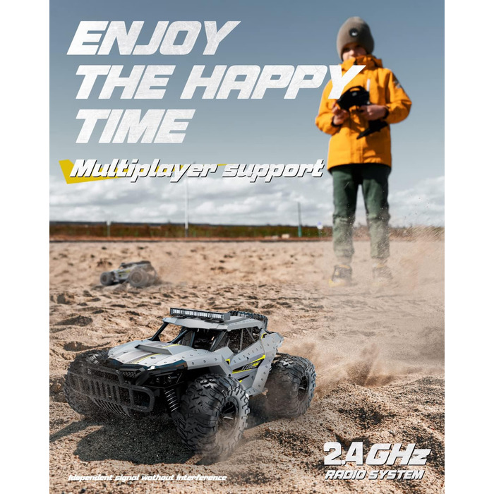 Радіокерований позашляховик Tecnock 1:16 з підсвічуванням, 2.4GHz RC Monstertruck, 2 акумулятори (60 хв роботи) - іграшка для дітей та дорослих, сірий