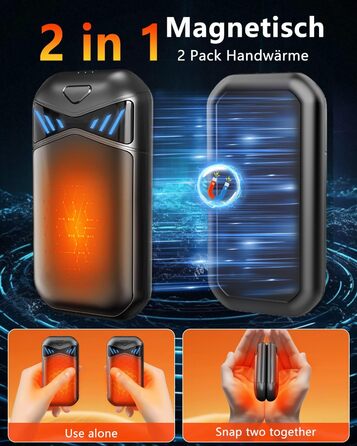 Електричні грілки для рук DDKJ, 2 шт., 7000mAh, магнітні, з 3 рівнями нагріву до 55°C, для дітей, чоловіків та жінок (чорні)
