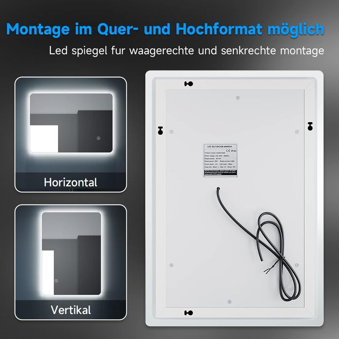 Елегантне дзеркало для ванної кімнати з LED-підсвічуванням 45x60 см, холодне біле світло, IP44, енергозберігаюче. Ванне дзеркало, дзеркало для ванної, настінне дзеркало. Розміри: 80x50 см