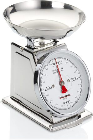 Класичні ваги GASTROBACK 30102, 2 кг з функцією тари, Кухонні ваги, аналогові, з чашею для зважування, поліровані, нержавіюча сталь, срібло