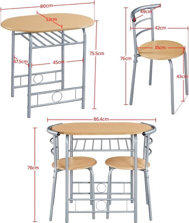 Обідній комплект обідній стіл і 2 стільці, компактні, дерево, 80x53x75.5 см, 3 шт.