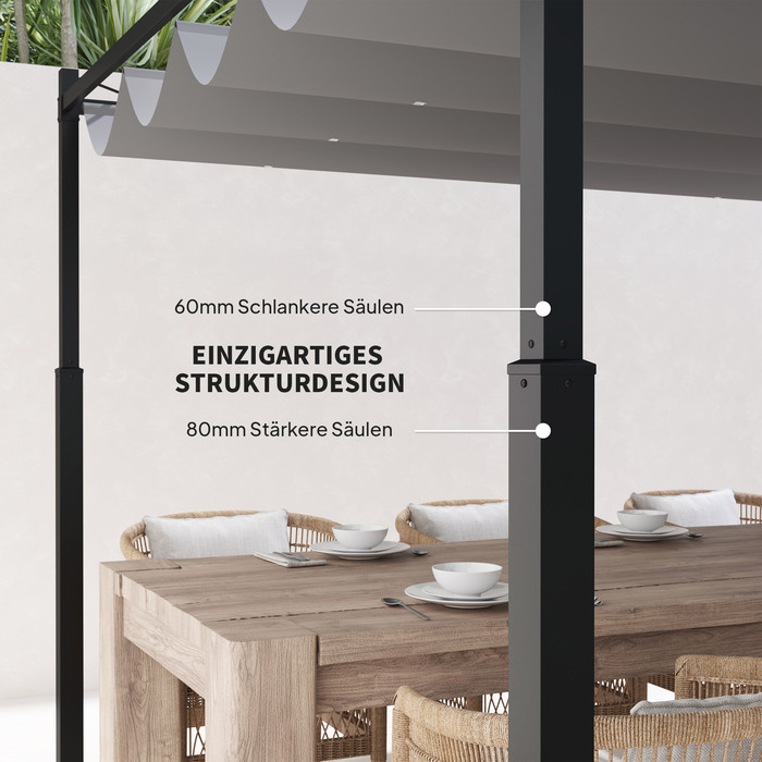Пергола 3x3 м, окремо стояча, навіс для тераси зі зсувним дахом, з магнітним кріпленням, колони 8 см, стійка до УФ-випромінювання