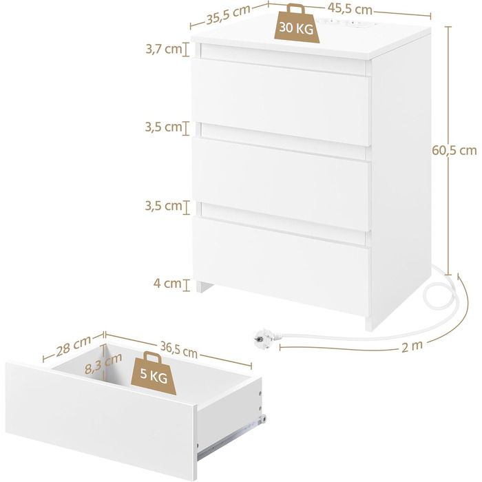 Нічний столик Yaheetech з 3 висувними ящиками, 2 розетками AC та 2 USB-портами, для спальні/вітальні