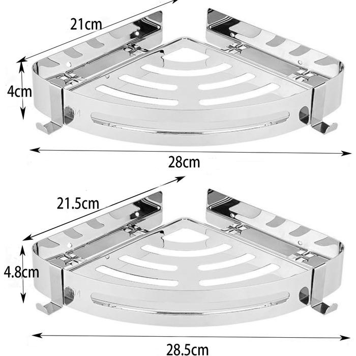 Душова полиця RCQD без свердління, 2 шт. и, нержавіюча сталь, самоклеюча, з 4 гачками, срібло