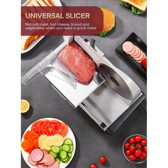 Електричний слайсер FOHERE: Brotschneidemaschine з регулюванням товщини нарізки (0-15 мм), 200W, для м'яса, ковбас, шинки, з нержавіючої сталі, з захистом