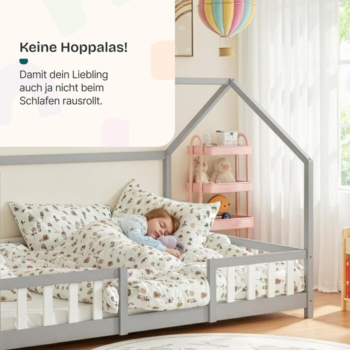 Ліжко дитяче Sisimiut Montessori 140x200 см з бар'єром. Дерев'яне ліжко для дітей, підлога, ламелі, сосна, світло-сірий/білий, без матрацу