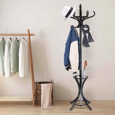 Стойка для одягу GIANTEX з підставкою для парасольки, дерев'яна, 12 гачків, для прихожей/вітальні (чорна)