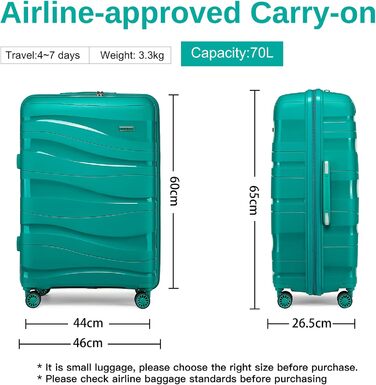 KONO Чемодан середнього розміру 65см з поліпропілену з TSA замком, 65x46x26.5см (Зелений)