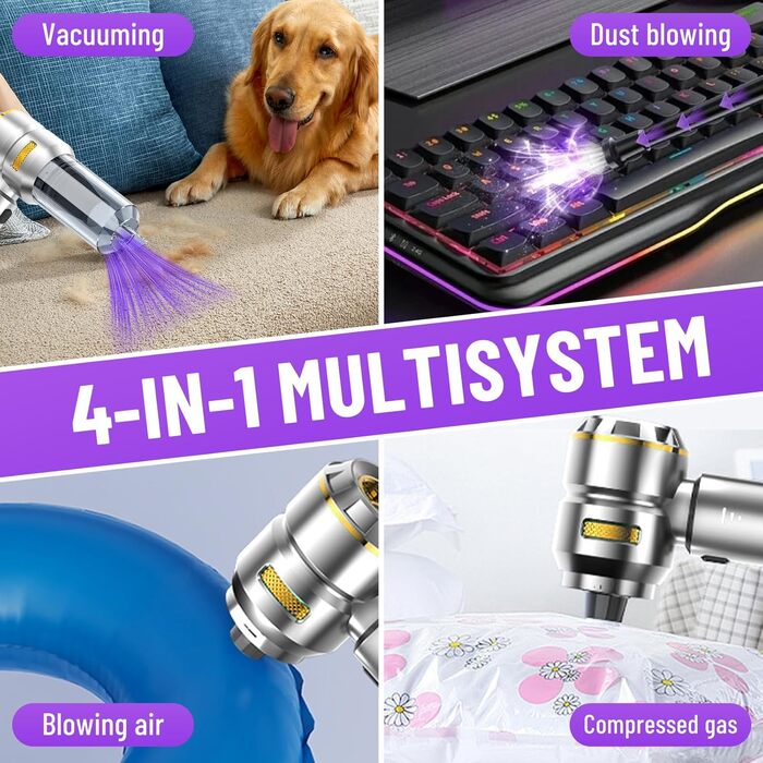 Акумуляторний ручний пилосос 4 в 1 для авто та дому, бездротовий міні-пилосос 22000Па з безщіточковим двигуном, 6000 mAh, електричний обдуватель для прибирання шерсті та пилу (Сріблясто-золотий)