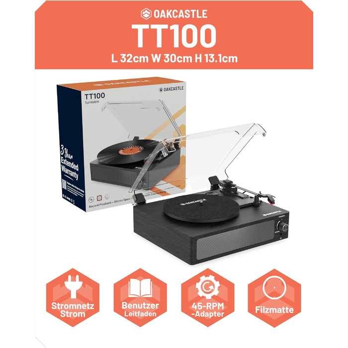 Вініловий програвач Oakcastle TT100 з Bluetooth 5.0, AUX, RCA, вбудованими динаміками, ретро-дизайн, адаптер 45 RPM, програвач платівок преміум-якості