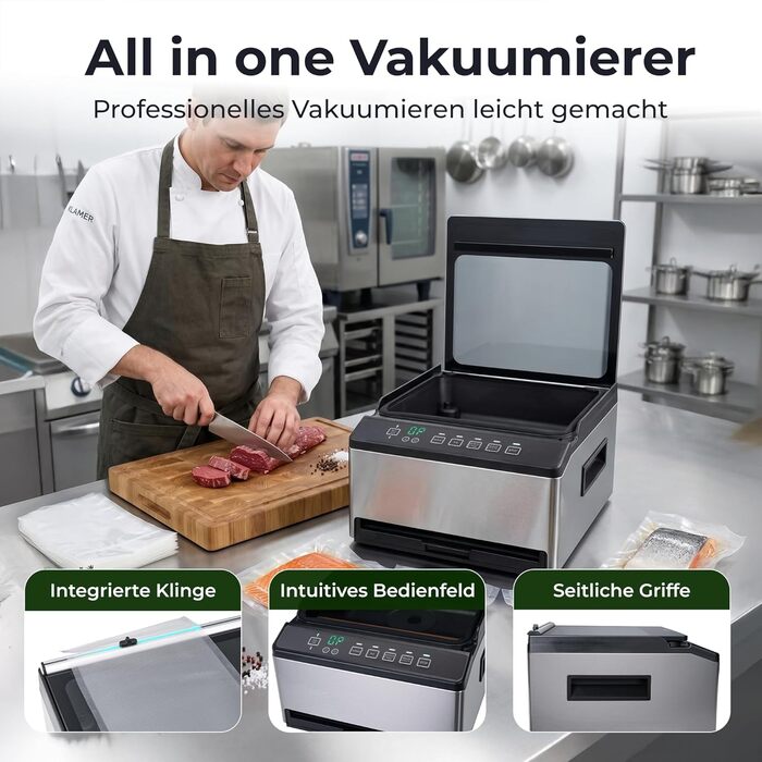 Вакууматор KLAMER Vakuumierer Pro 80 (2025) для сухих та вологих продуктів, для Sous Vide, з пакетами та шлангом