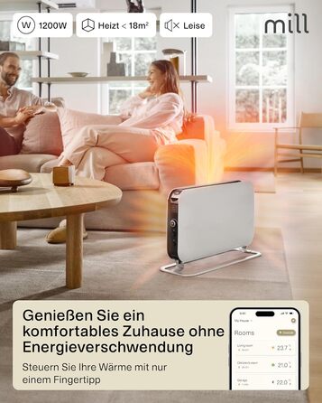 Електричний конвекторний обігрівач Mill 1200W, 14-18 м², WiFi, енергозберігаючий, білий