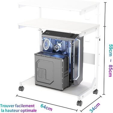 Регульована підставка для комп'ютерного блоку з 2 полицями та місцем для зберігання - для корпусів ATX, принтерів, з фіксуючими колесами (білий, 64 x 64 x 59-84,5 см)