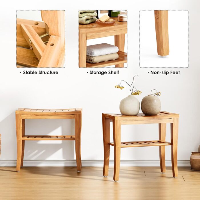 Стілець з бамбука Sogesfurniture – табурет для душу, стілець для ванної, лавка для ванної кімнати, багатоцільовий табурет, 47.5x26x44.5 см, KS-HSJ-04-BH