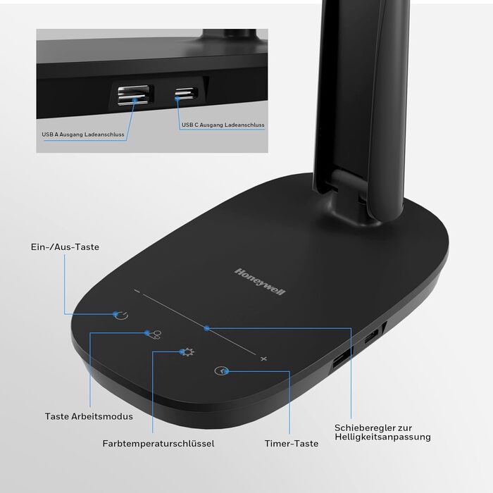 Світлодіодна настільна лампа Honeywell Sunturalux H2, з регулюванням яскравості, USB, сенсорний, 4 кольори, захист очей, чорний