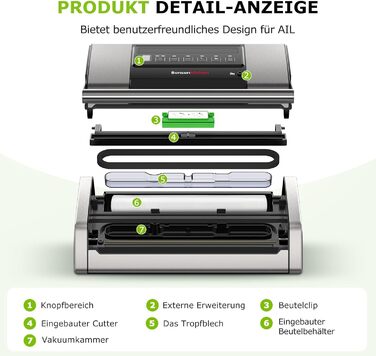 Вакууматор Bonsenkitchen VS5100 для Sous-Vide, 15 л/хв, з вбудованим різаком та кліпсою для пакетів, сріблястий