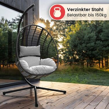 Крісло-гойдалка Swoods XXL з металевим каркасом – для дому та вулиці. Яйцеподібне крісло-гойдалка з подушкою, до 150 кг (темно-сірий, світло-сірий)