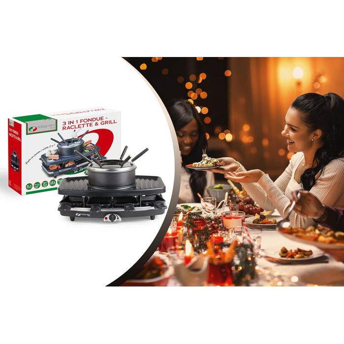 Набір для раклет, фондю та гриль MAGNANI 3 в 1 на 8 осіб з регулюванням температури, виделки та сковорідки, 1100W, антипригарне покриття