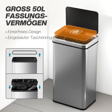 Відро для сміття з датчиком 50 л, нержавіюча сталь, автоматичне відкриття, м'яке закриття кришки, датчик руху, розміри 35,5 x 26 x 67 см, сріблястого кольору