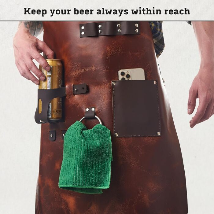 Фартух для гриля зі шкіри з тримачем для пива, BBQ Pitmaster – міцний, з кишенями, регульовані лямки (коричнева шкіра)
