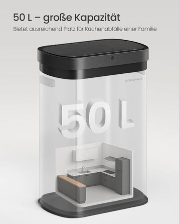 SONGMICS Сміттєве відро з сенсором, автоматичне, 50 л, відкриття рухом руки/дотиком, Softclose-кришка, сталь, 15 мішків, чорний LTB640B02