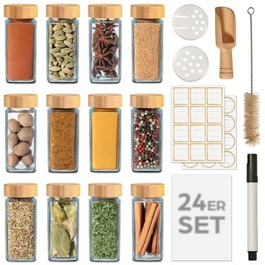 Набір баночок для спецій Praknu (24 шт.) з бамбуковими кришками FSC® - Організатор спецій з дозатором, 120 мл, з етикетками та щіткою для чищення, ложкою