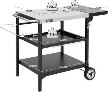 Набір для гриля Royal Gourmet: стіл-візок з 3 ярусами, стільниця з нержавіючої сталі 70x50 см та бічна полиця 30x50 см, для дачі та саду