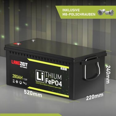 ДОВГОСТРОКОВА літієва батарея LiFePO4 280Ah 12V для автофургонів, сонячних батарей, човнів, ДБЖ, включаючи BMS, замінює 200Ah 300Ah