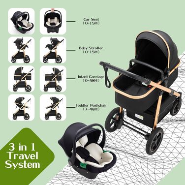 Дитяча коляска 3-в-1 | Комбінована коляска з автокріслом | Візок з регульованою ручкою | Алюмінієвий каркас | Москітна сітка | для новонароджених 0-4 роки, Зелений